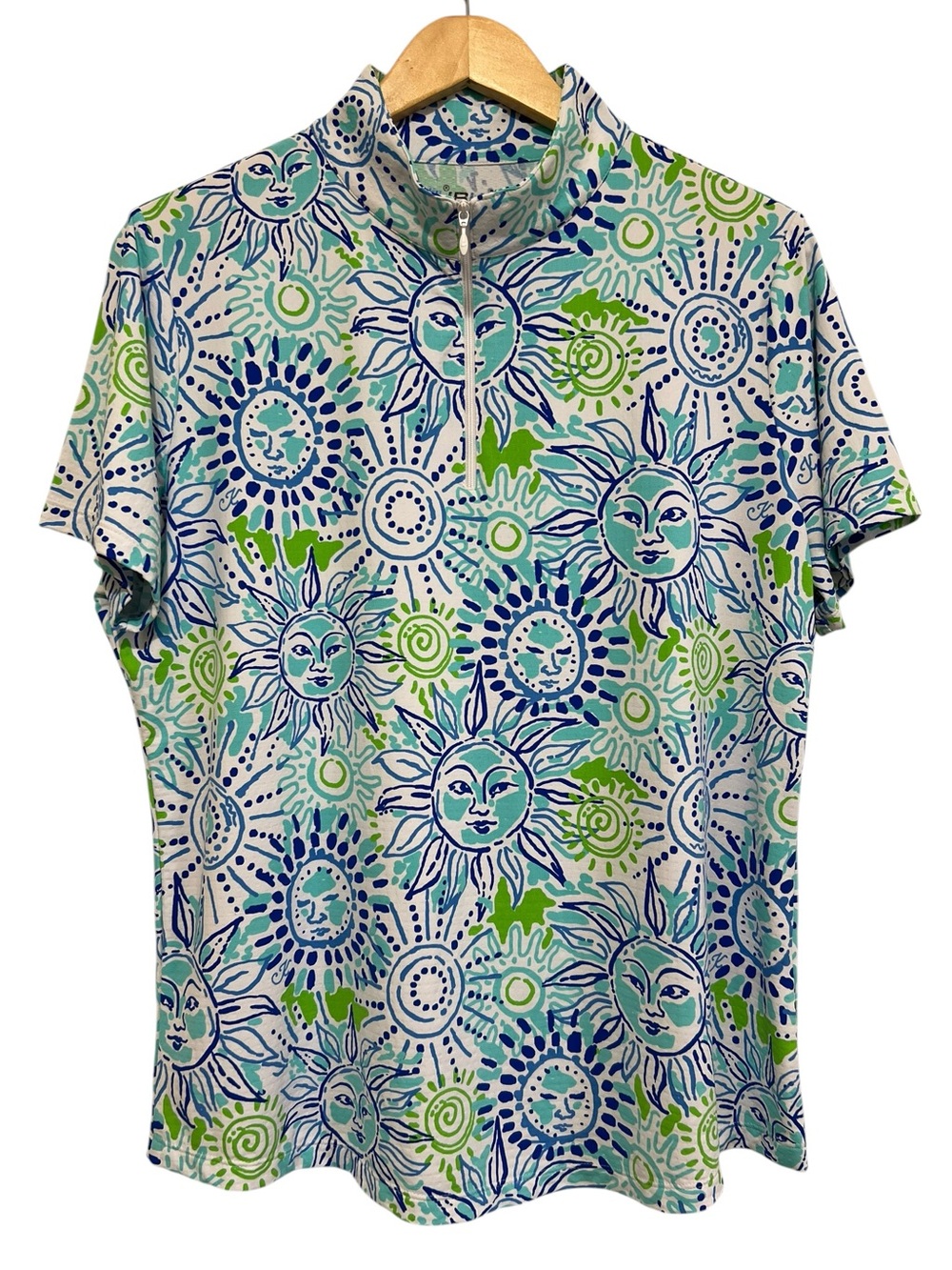 IBKÜL Sunny Day Seafoam Lime Sun Graphic Top Short Sleeve Mock Neck Size XL